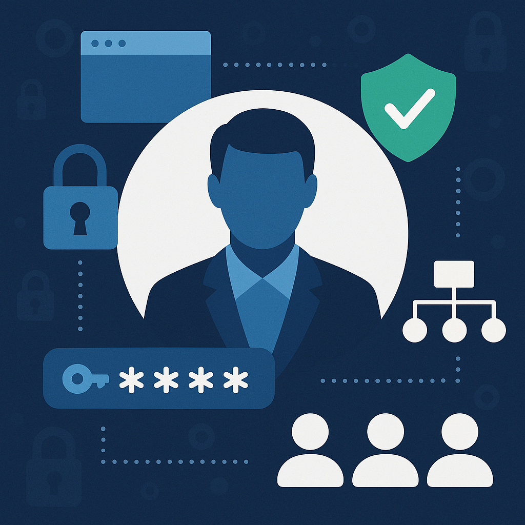 Illustration eines anonymen Benutzers umgeben von Symbolen für IT-Sicherheit, Benutzerverwaltung und Netzwerkstruktur.